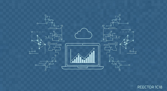 A vector graphic illustration of a laptop with a bar chart and cloud computing symbols