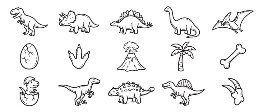 Collection of hand-drawn black and white dinosaur icons and prehistoric elements in a simple, cartoon style