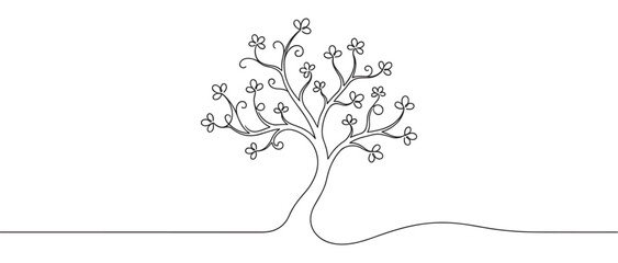 Fototapeta premium Stylized black outline drawing of a tree with swirling branches and clover-like leaves, rendered in a continuous line art style