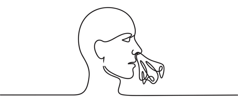 Single continuous line drawing of a person's profile blowing their nose into a crumpled tissue, illustrating illness or allergies