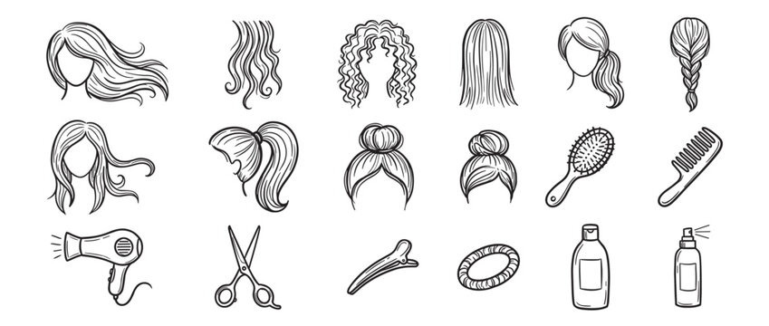 Collection of hand-drawn hair styles and hairdressing tools, including various hair types, combs, brushes, and styling products