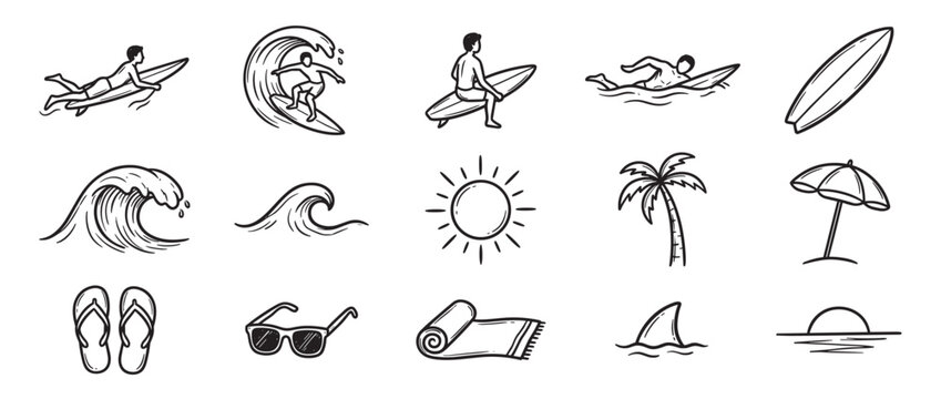 Collection of hand-drawn black and white summer and surfing related icons, including surfers, waves, sun, palm tree, and beach items