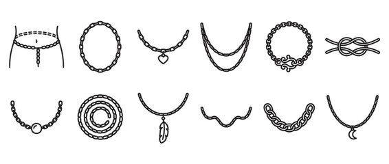 Obraz premium Collection of various chain jewelry items, including necklaces, bracelets, and a waist chain, presented as simple black outline icons