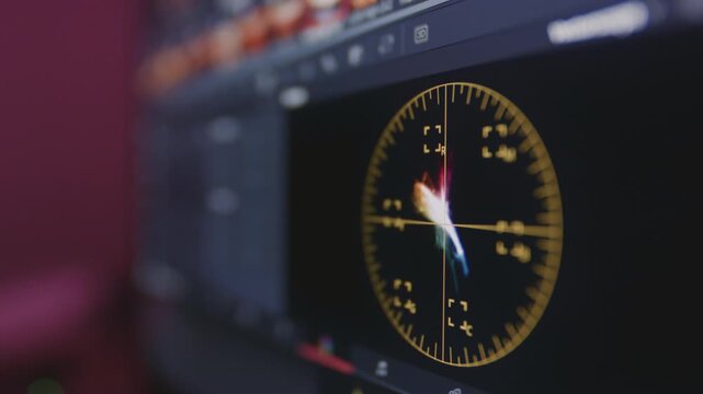 Color correction indicator graph on screen. RGB colour graphic bar on monitor in post process. Telecine stage in video or film production processing. for colorist digital grading