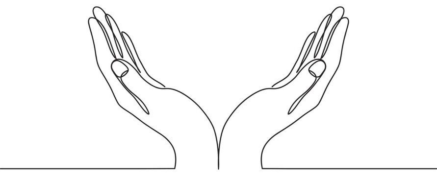 Two cupped hands drawn in a continuous line art style, forming a symmetrical, open gesture with clean black lines