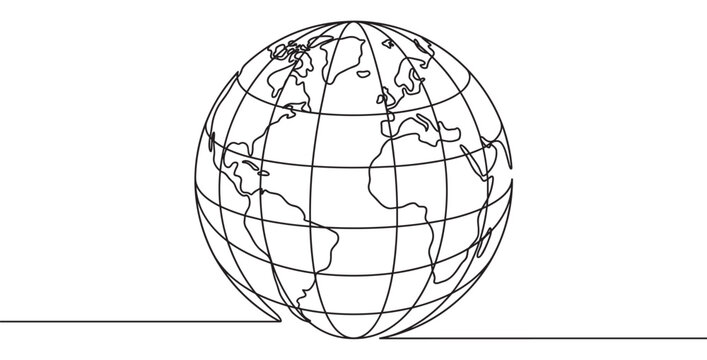 Continuous line drawing of a globe showing continents and latitude lines, rendered in a minimalist black and white style