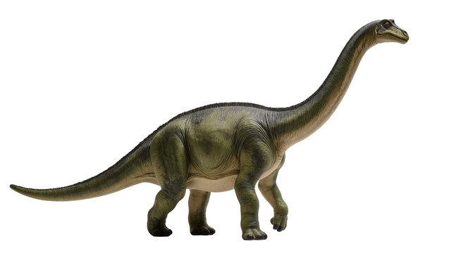 Green detailed dinosaur toy with long neck, isolated on transparent background