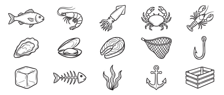 Collection of hand-drawn seafood and fishing related items, including fish, shrimp, crab, lobster, and fishing gear, presented as a clean vector illustration