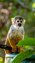 Fototapeta premium Squirrel monkey sitting on branch outdoors.
