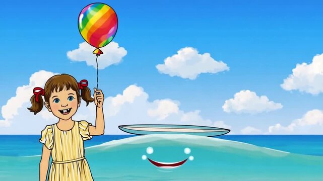 Hand-drawn illustration of a smiling young girl with pigtails holding a rainbow balloon, standing by the ocean with a surfboard on a wave and a smiley face in the water under a blue sky.