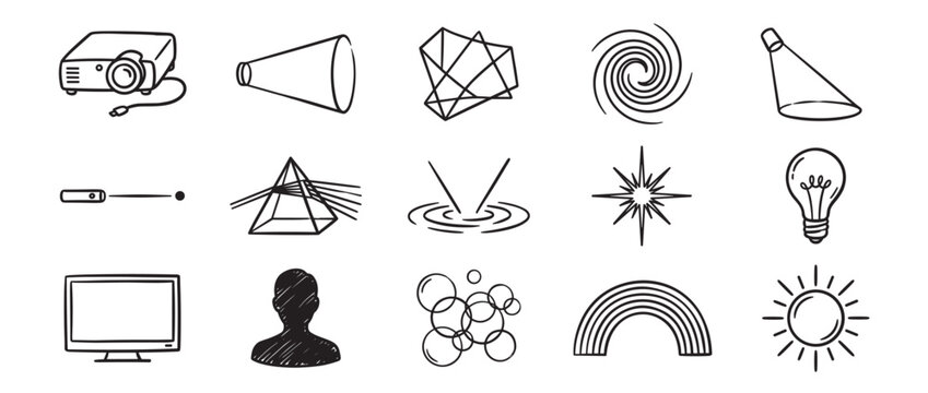 Collection of hand-drawn science and technology icons, including a projector, laser pointer, prism, and lightbulb, in a doodle style