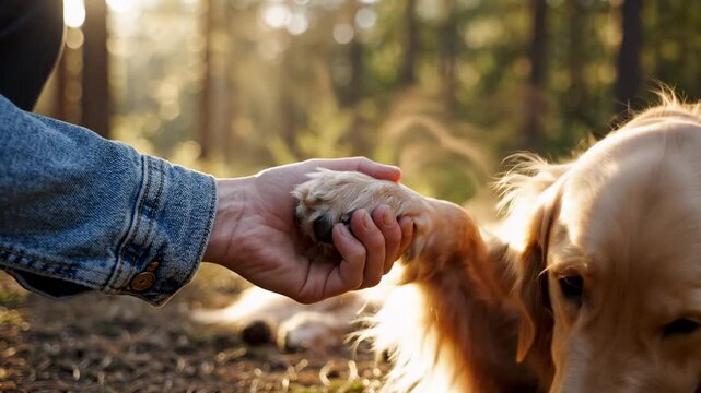 This captures a touching moment between a person and a golden retriever in a forest. The person and dog shake hands, showcasing their special bond and friendship. The serene surroundings and warm