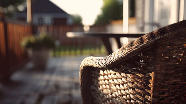 una silla tejida de mimbre para exterior en una terraza o patio trasero de una casa lugar relajante y tranquilo para el descanso 