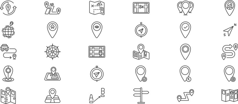30 Modern Maps and Navigation Line Icon Set Featuring Location Pins and Tracking Vector Symbols