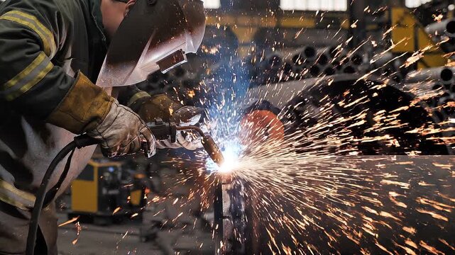 Industrial welder wearing a helmet and gloves using a torch to weld a thick steel pipe in a dimly lit workshop, showing bright sparks and blue light from the intense heat.