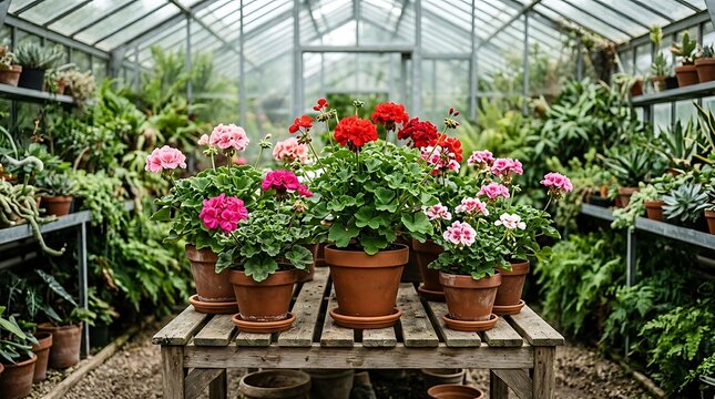 A collection of beautiful blooming african geranium plants in terracotta pots displayed on a wooden table inside a bright and airy traditional greenhouse