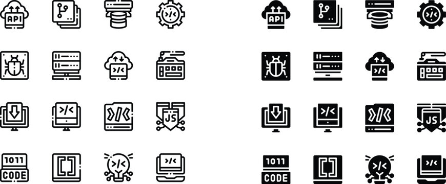 Professional 32 Software Development and Coding Icon Set Featuring Line and Solid Styles for Web and App Programming