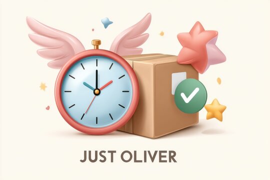 Just Oliver: clock with wings delivering a package and a check mark icon