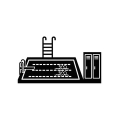 Obraz premium Swimming pool with diving board ladder and lockers black and white illustration.