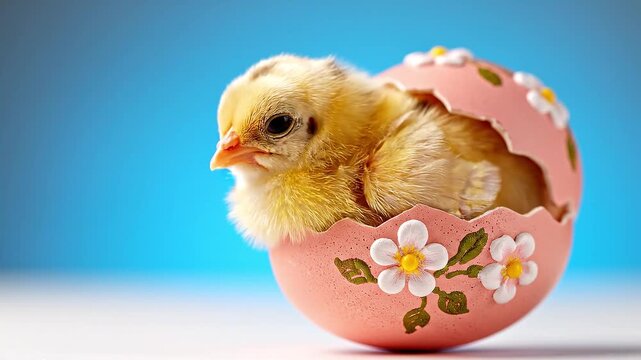 Adorable chick hatching from pink decorated eggshell