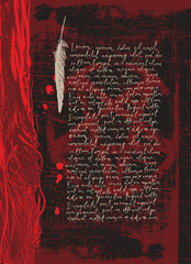 Obraz premium Vector frame featuring a realistic image of forest tree with roots, branches, blood-red drops and handwritten Lorem Ipsum text on grunge style. Occult, magic, witchcraft, fantasy, fairy tale. Hallowee