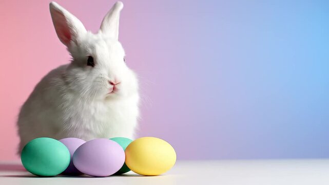 White bunny with pink eyes among colorful eggs on gradient background