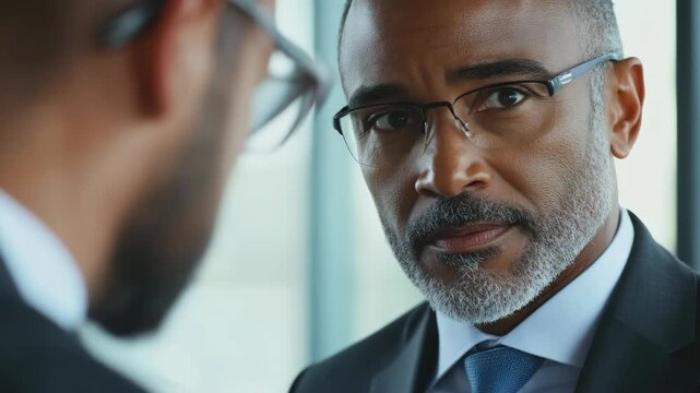 Man in business attire with glasses, deep in thought in an office environment.