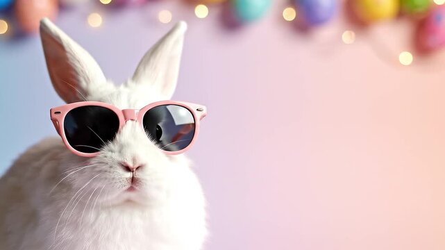 White rabbit with pink sunglasses, colorful background