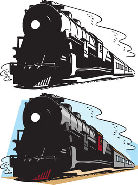 A vintage retro illustration of a train engine on train tracks. 