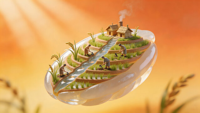 Miniature farming scene on floating pod