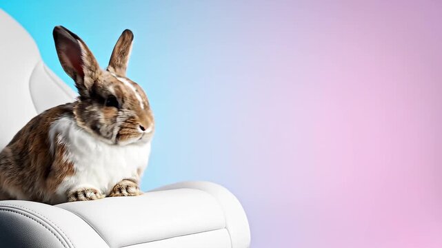 Bunny sitting on white sofa against pastel pink-blue background