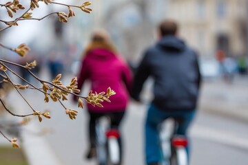 Obraz premium A romantic couple riding bicycles in the city on a spring day. Close-up of a tree branch with new buds in the foreground. Togetherness and active lifestyle concept