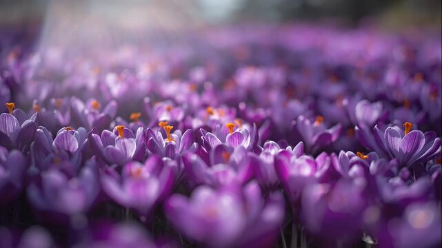 Vibrant purple crocuses blooming in a lush meadow