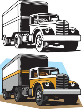 A vintage retro illustration of a moving truck driving on a road. 