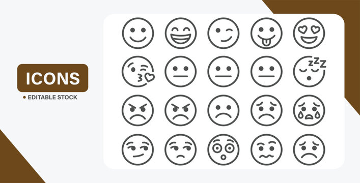 Outline emoticon face icon set with various expressions and emotions vector illustration