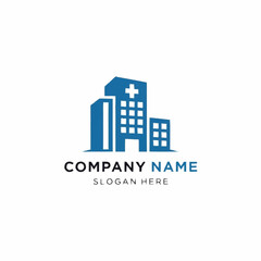 Fototapeta premium Blue Hospital Building Logo Design for Healthcare Company Branding.