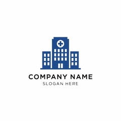Fototapeta premium Blue Hospital Building Logo Design with Cross Symbol for Healthcare Company.