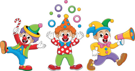 Naklejka premium Cute cartoon clowns performing circus fun with colorful costumes, juggling balls, and playful expressions for kids