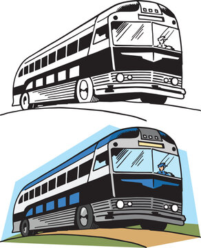 A vintage retro illustration of a passenger bus driving on a road. 