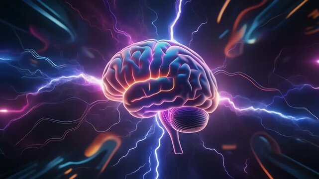 Brain with colorful electric lightning bolts.
