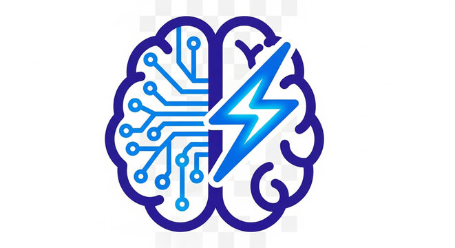 A blue and purple vector graphic of a brain with a lightning bolt and circuit board design