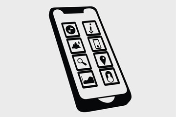Obraz premium Black and white smartphone screen display with multiple app icons for digital technology concept