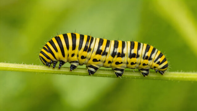 Yellow and black caterpillar on plant stem