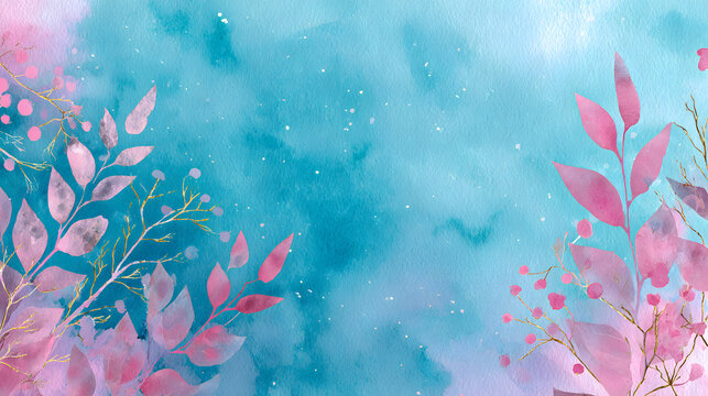 fondo azul pintado en acuarela creativo moderno con espacio de copia con hojas decorativas en color rosa con textura obra de arte y dise&ntilde;o 