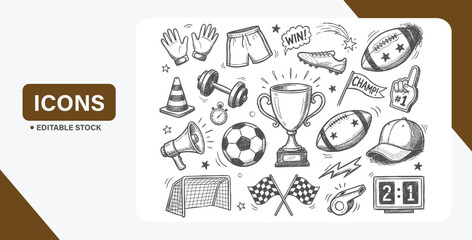 Hand-drawn soccer doodle icon set with football gear, trophies, and sketch line art elements © Kingko