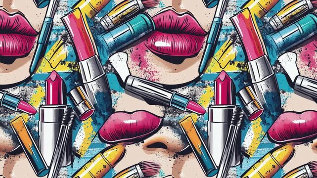 A dense overlapping composition of lipsticks, brushes, cosmetic tubes, and large pink lips fills the frame in a repeating layout.