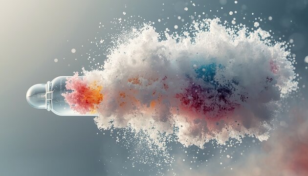 Glass ampoule with lyophilized powder, colorful liquid splash in the Glass ampoule, colorful foam explosion, science research, biotechnology