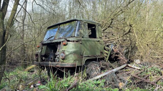 Abandoned rusty green military truck 4K