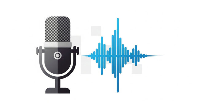 A vector graphic illustration of a microphone with a blue sound wave