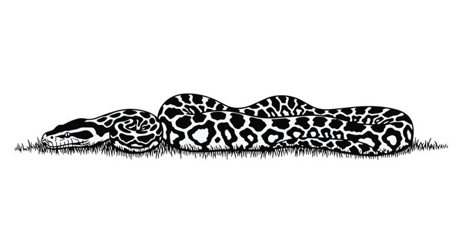 Black and white illustration of a large python snake resting on the grass